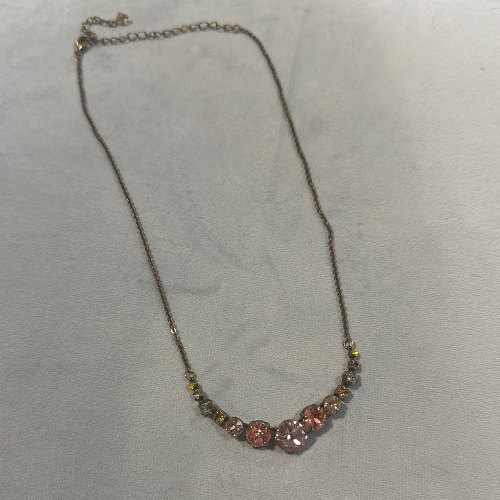 Pink and Antique Gold Crescent Necklace with Dainty Crystals
